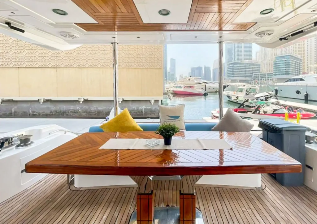 Interior seating area of blue moon 64ft