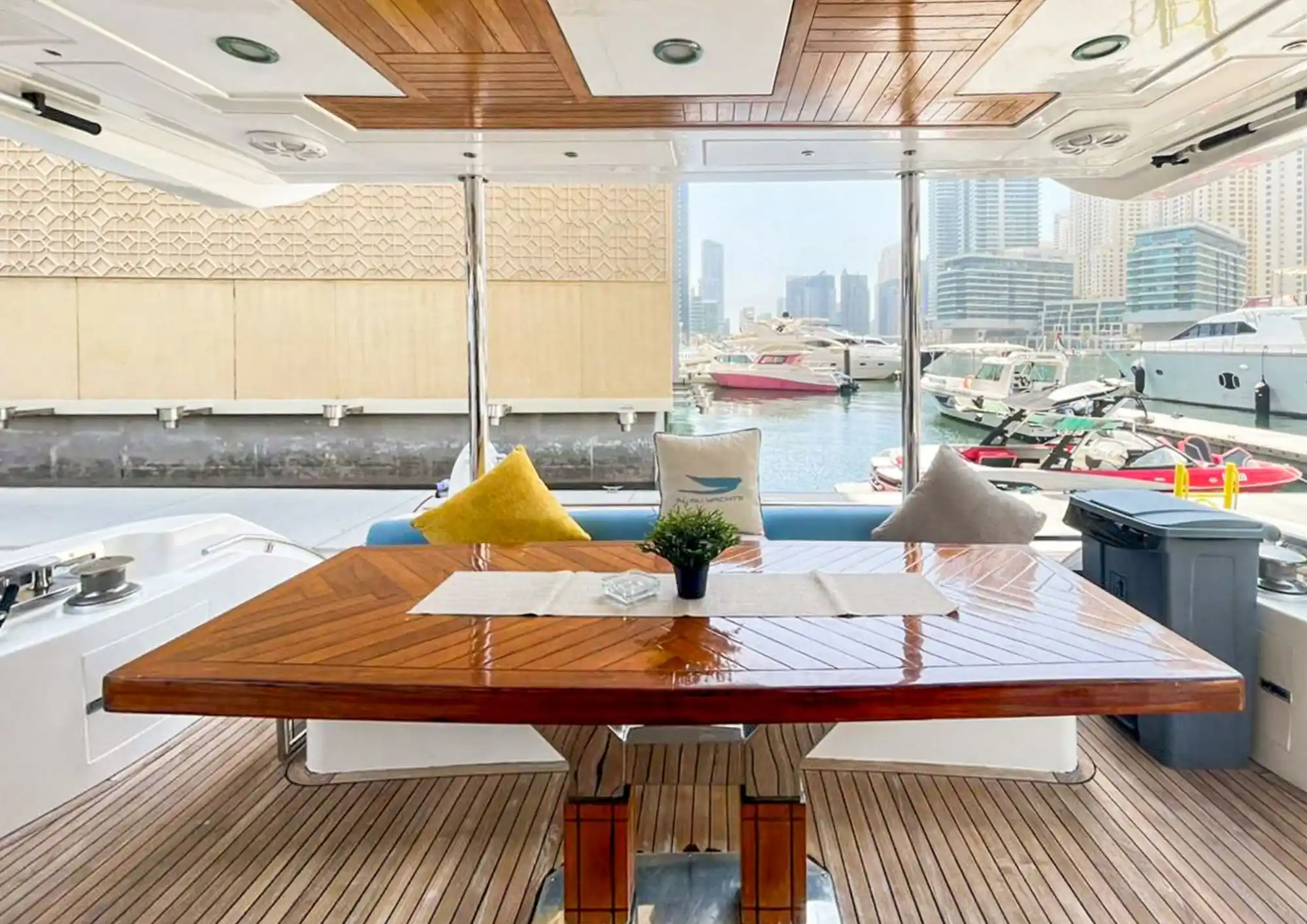 Interior seating area of blue moon 64ft