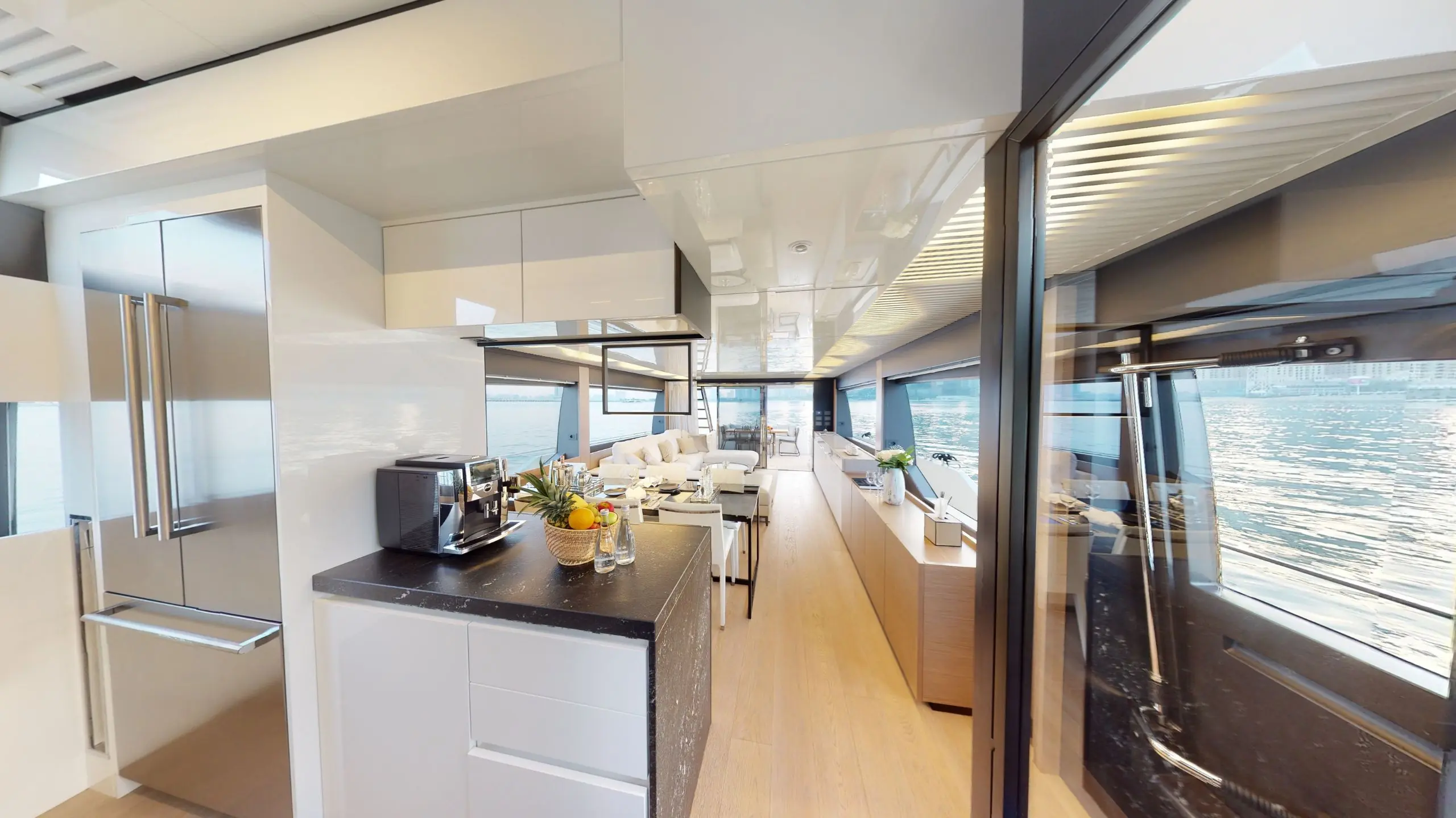 Private yacht rental in Dubai with skyline view in the background