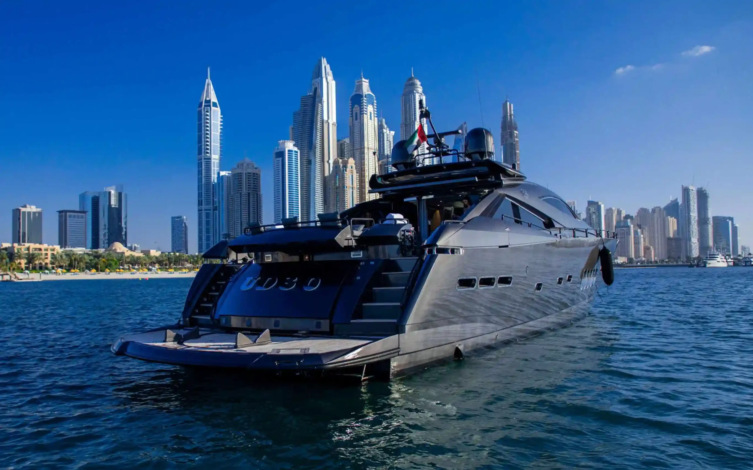 Diamond 95ft luxury yacht cruising through Dubai Marina