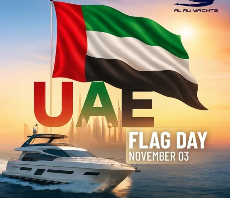 UAE National Flag Day 2025 celebration on a luxury yacht in Dubai Marina by Al Ali Yachts