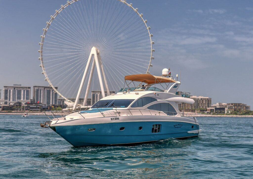 Blue Moon 64ft yacht rental in Dubai Marina with luxury seating and deck