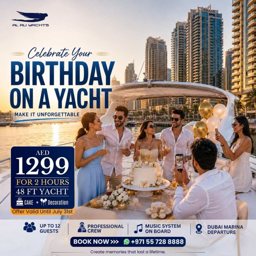 Birthday yacht party celebration on a luxury 48ft yacht in Dubai Marina with cake, decorations and skyline views.