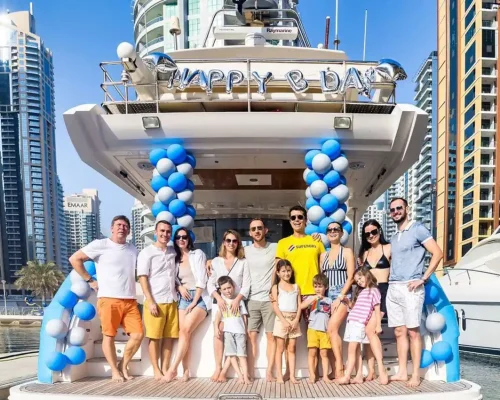 Luxury yacht decorated with balloons for a birthday party in Dubai Marina