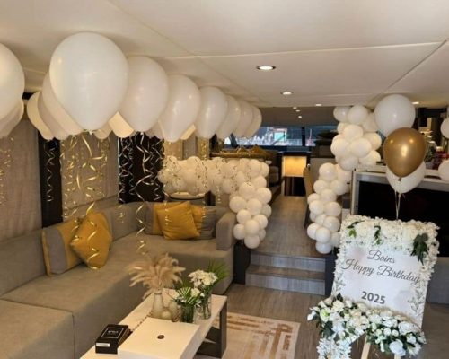 Luxury yacht interior decorated for a birthday celebration in Dubai marina